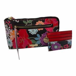 TRINA TURK Floral Printed Large Wristlet & Card Case SET in Black/Red Multi NWTs